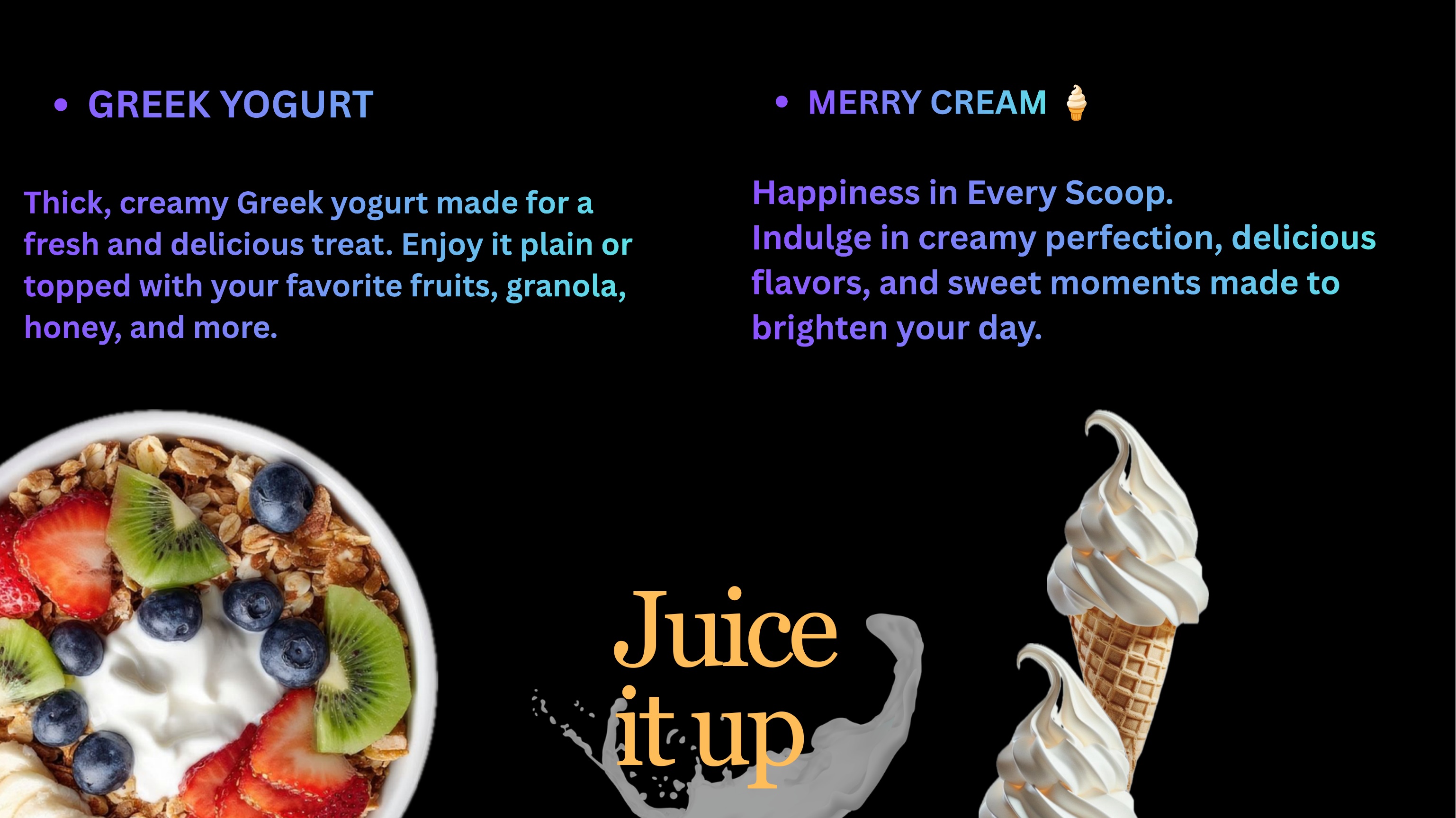 Juice It Up menu page 8 of 8 — Greek yogurt and Merry Cream